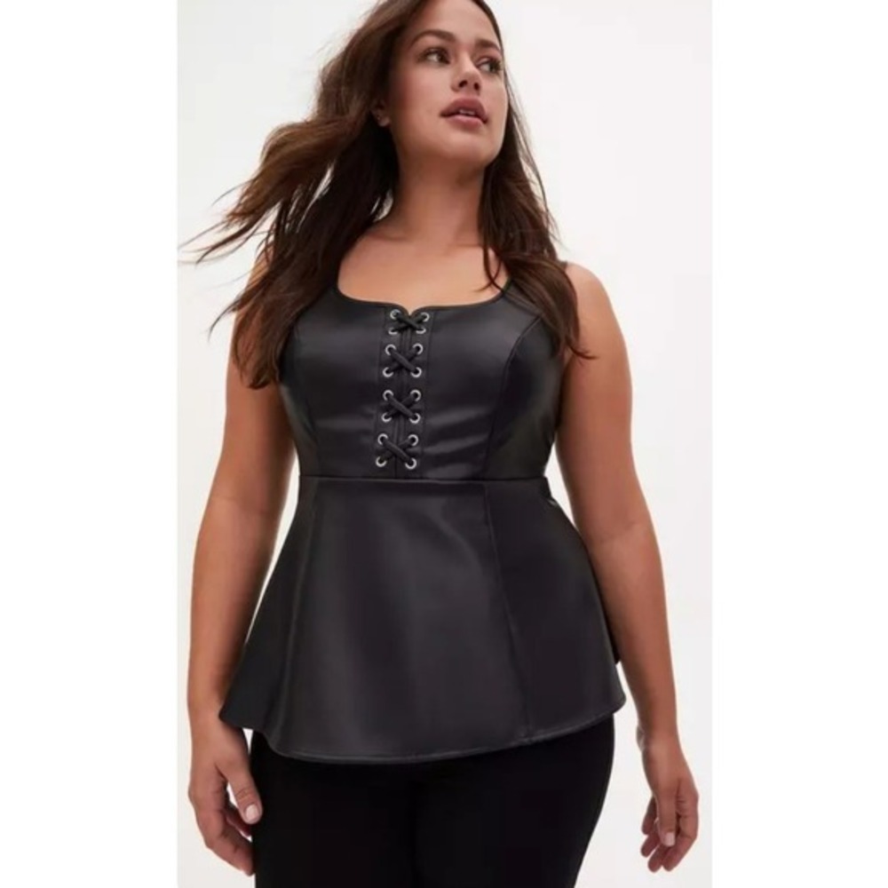 Torrid Faux Leather Peplum Top Black Lace-Up Front Sleeveless Plus Size 3 (3X)